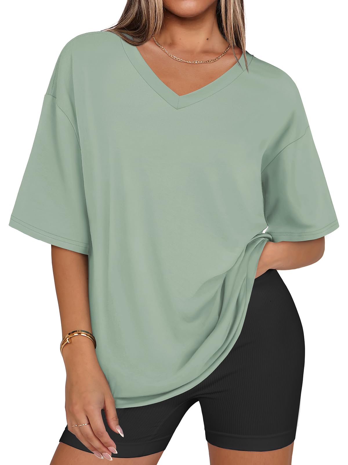 MIROMIHO Womens Overisized Tshirts V Neck Workout Gym Shirts Tops Casual Summer Clothes