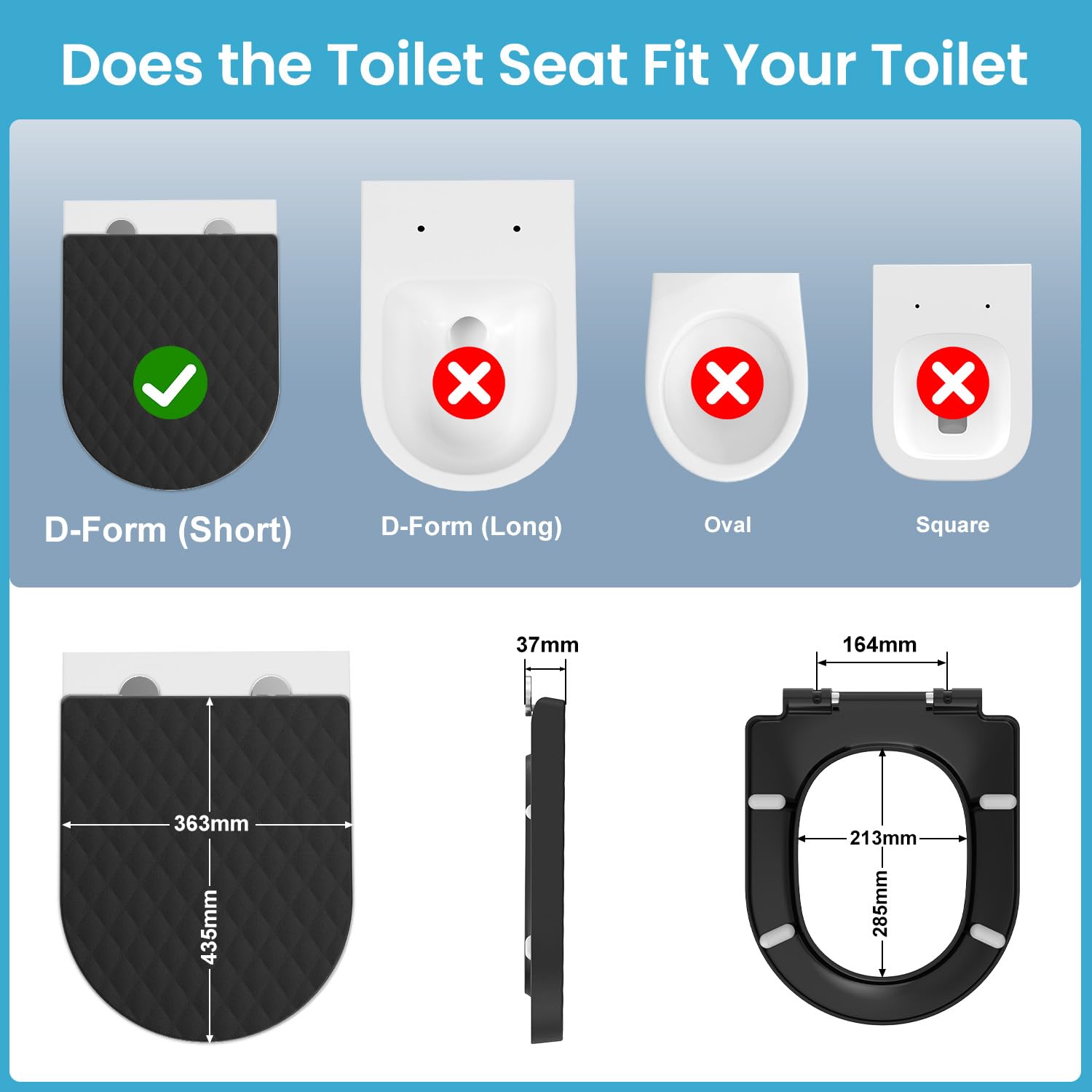 YEAUPE PRO Tapa WC Universal Forma de D, Asiento de Inodoro de Cierre Suave con Liberación Rápida para una Fácil Limpieza, Negro, 43,5 * 36,2 * 5,1 CM, Incluye plantilla de instalación
