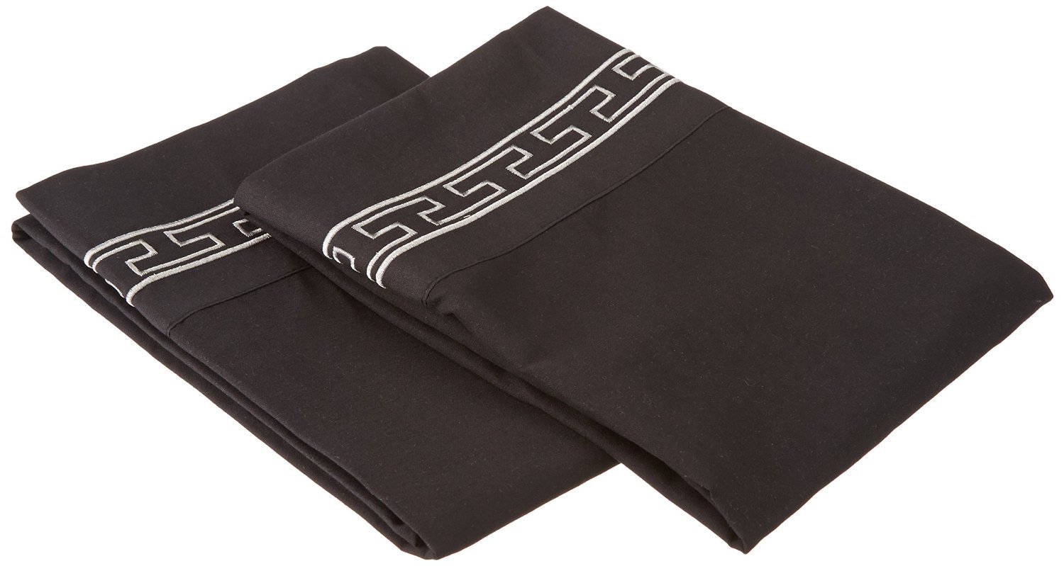 Super Soft Light Weight, 100% Brushed Microfiber 2-Piece Standard Pillowcases Set Wrinkle Resistant, Black with Grey Regal Embroidery