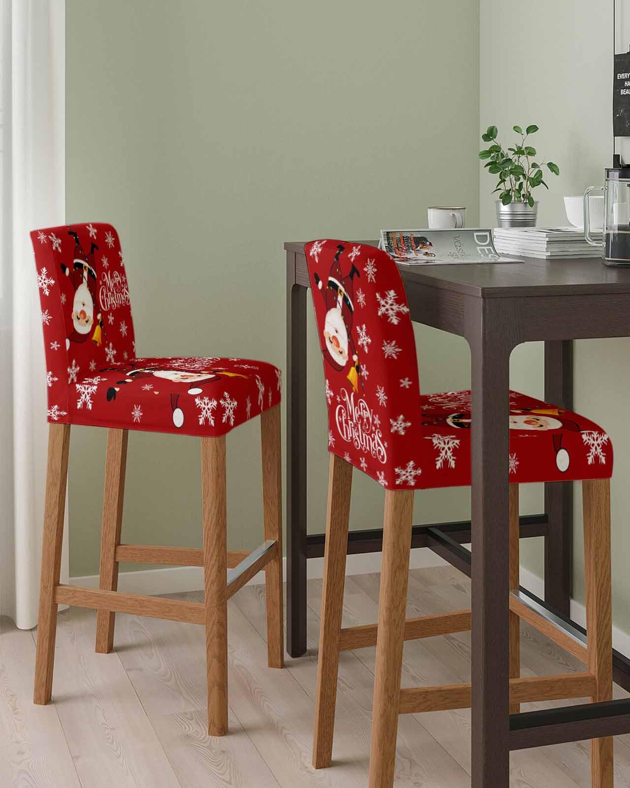 Merry Christmas Bar Stool Covers with Backs, Stretch Bar Stool Chair Cover Santa Claus Hanging Upside Down Red Washable Slipcovers Counter Stool High Chair Covers for Pub, Dining Room, Cafe, Set of 4