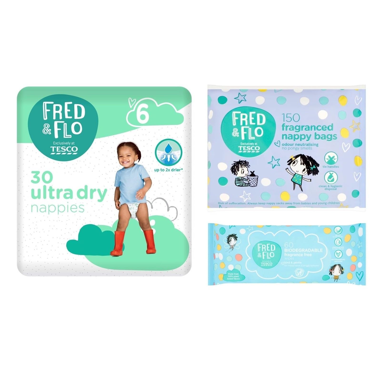 Fred & Flo Size 6 Nappies 30 Pack Bundle with Nappy Bags & Fragrance Free Wipes