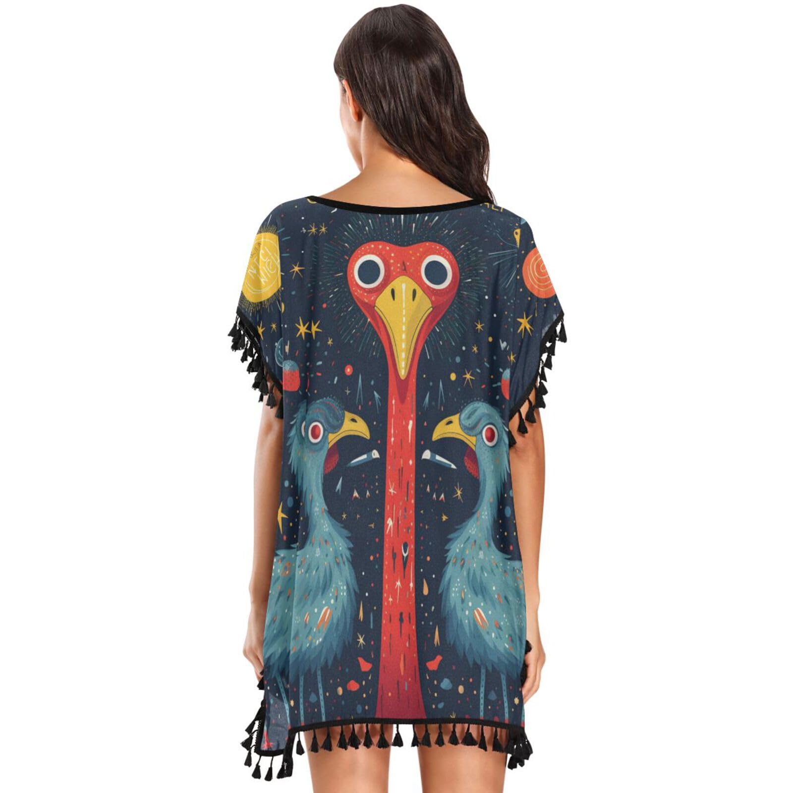 Cute Stars Duck Women's Beach Cover Up Chiffon Tassel Swimwear Swimsuit Coverups for Girl