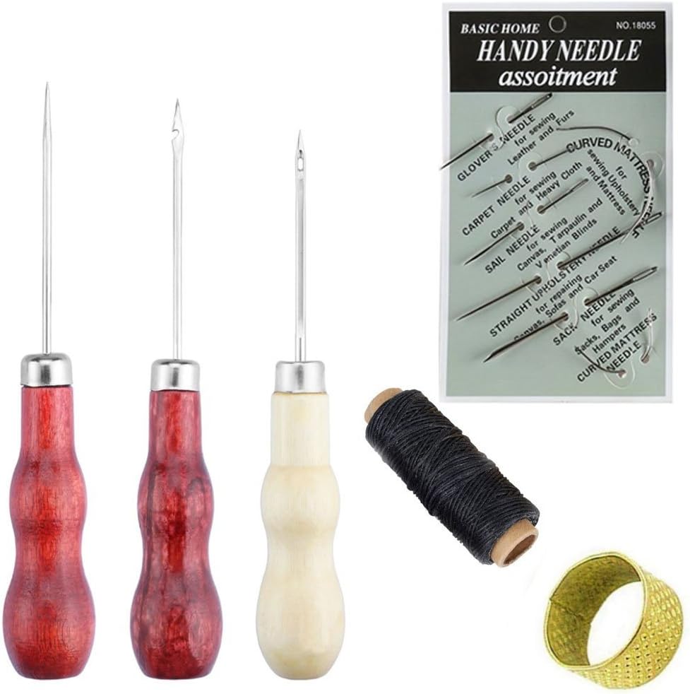 Leather Carft Tools, Hand Stitching Sewing Set Kit (Leather Needle+Hook The awl+Straight Head awl+Thimble+Flat Wax Rope+Hollow awl）