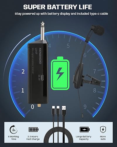 Miniatura 7 de Micrófono de saxofón, sistema de micrófono inalámbrico recargable UHF con transmisor y receptor de rango de 196 pies, micrófono de condensador con