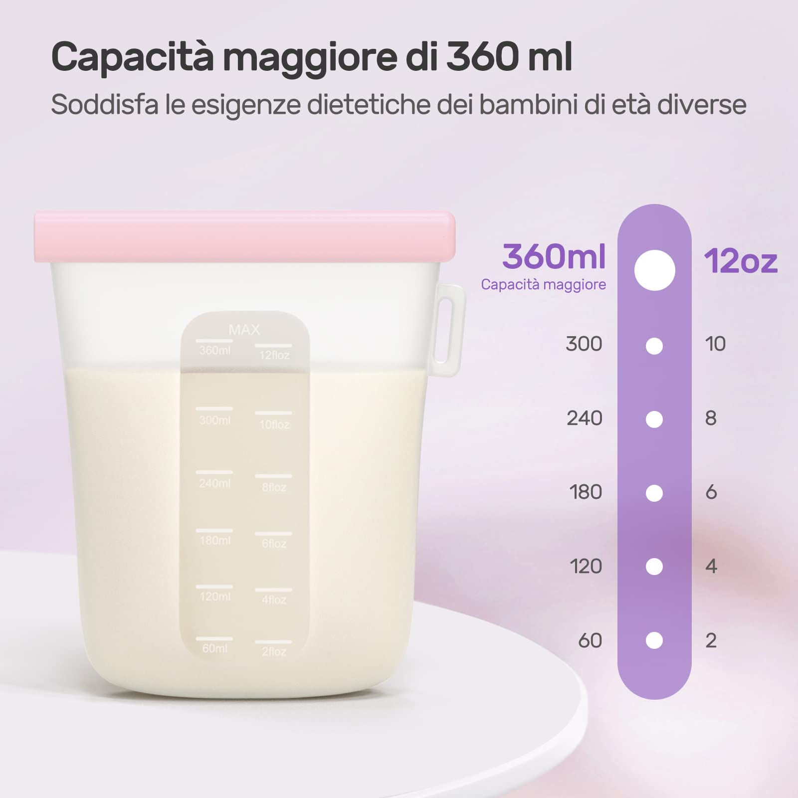 Nuliie 7 pezzi riutilizzabili contenitori latte materno, 12oz/360ml a prova di perdite, sacchetti latte materno in silicone alimentare per l'allattamento al seno, BPA Free, doppio sigillo