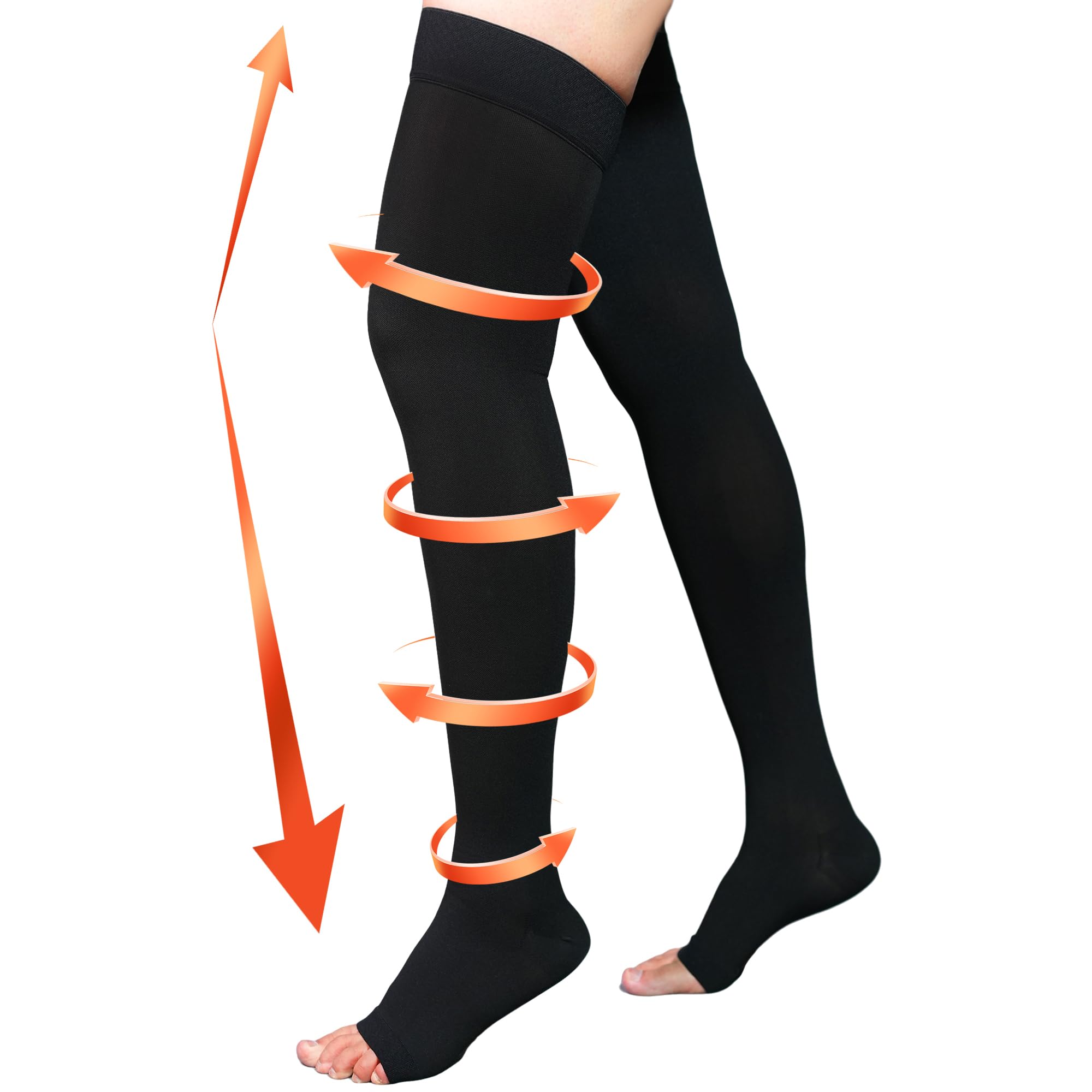 Medias de compresión de 20 a 30 mmHg para mujeres y hombres, hasta el muslo, con puntera abierta y banda de silicona, color negro, talla mediana