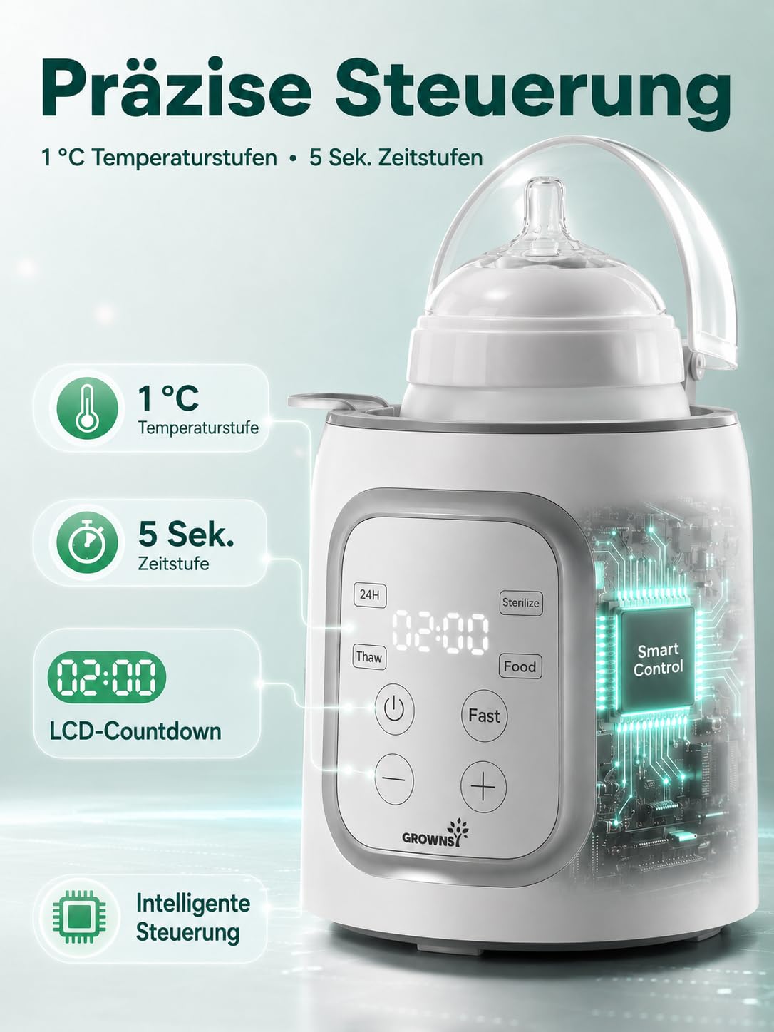 Grownsy Flaschenwärmer Baby, 10-in-1 Fläschchenwärmer für alle Flaschen mit Timer, präziser Temperaturkontrolle und automatischer Abschaltung, multifunktionaler Flaschenwärmer für Muttermilch Grey