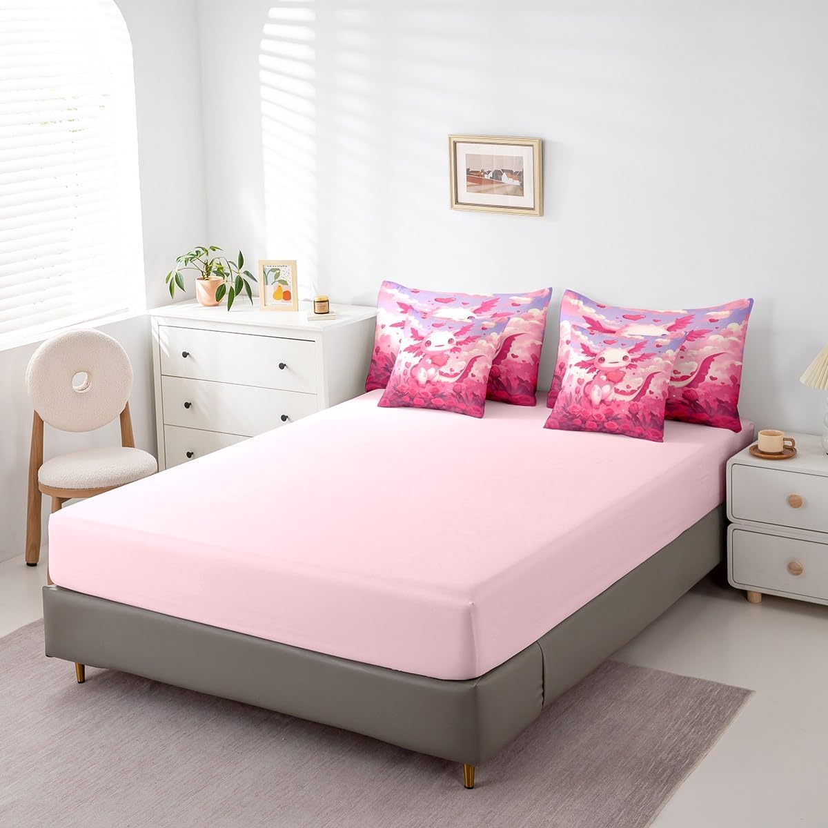 Erosebridal Cute Axolotl Bedding Set with Sheets Pink Rose Flowers Wildlife Bed in A Bag 7 Pcs Cartoon Animal Axolotl Queen Comforter Set for Kids Boys Girls,Kawaii Love Heart Floral Bed Set