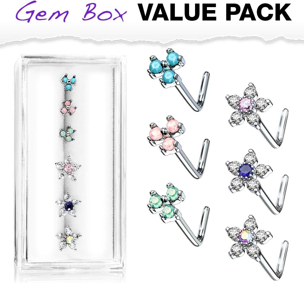 FIFTH CUE 20G 6 CZ Flower Top 316L Surgical Steel L Bend Stud Nose Ring