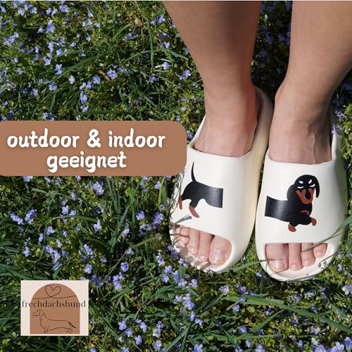frechdachshund Dackel Badelatschen - Bequeme Hunde Hausschuhe für Zuhause, Dackel Schlappen in fünf versch. Größen (Beige, EU Schuhgrößensystem, Erwachsene, Damen, Numerisch (von/bis), M, 42, 43)