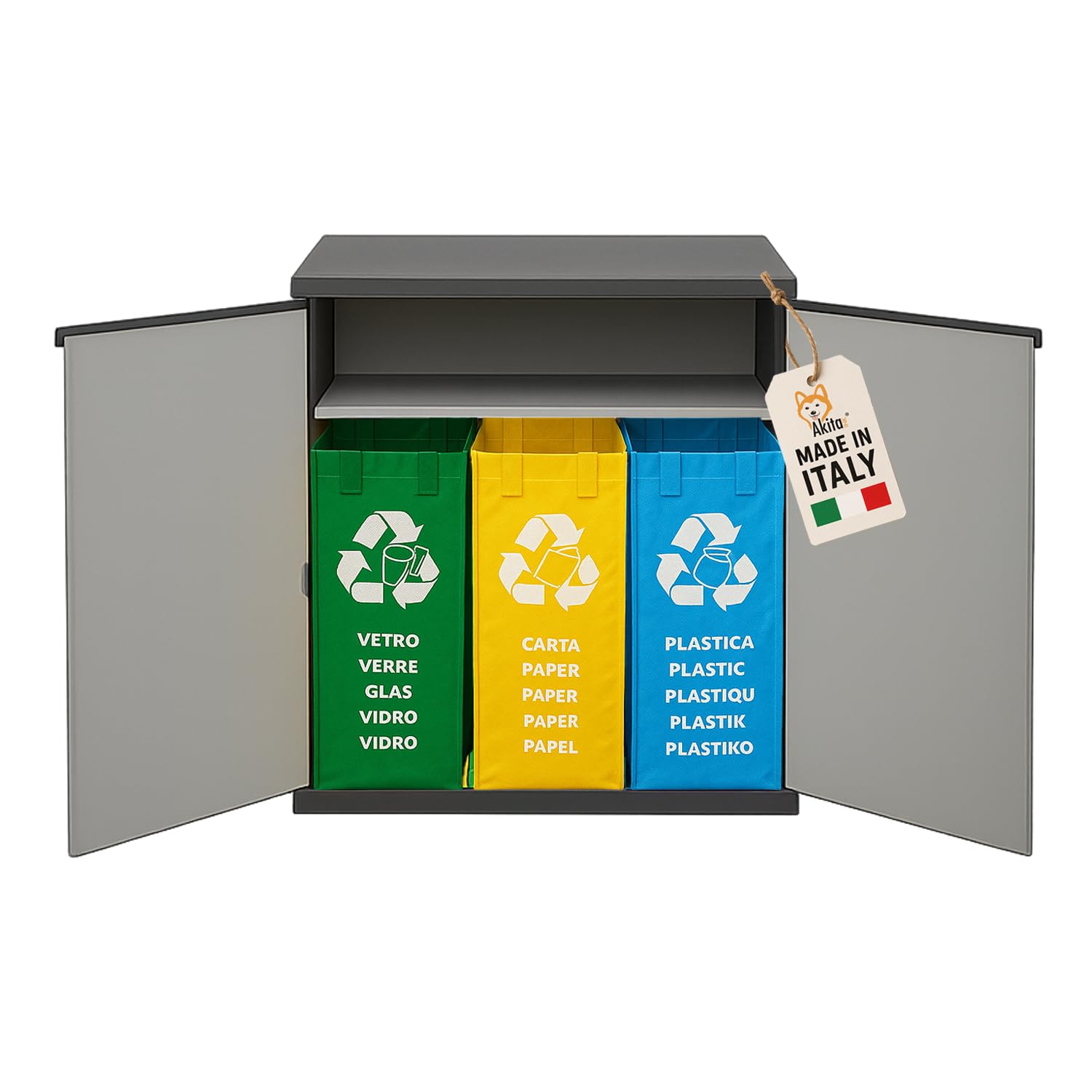 Armadio Basso 2 Ante per Raccolta Differenziata 68x39,5x85 cm AKITAINK – Mobile in Plastica con Ripiano, Resistente e Pratico per Casa, Garage e Giardino