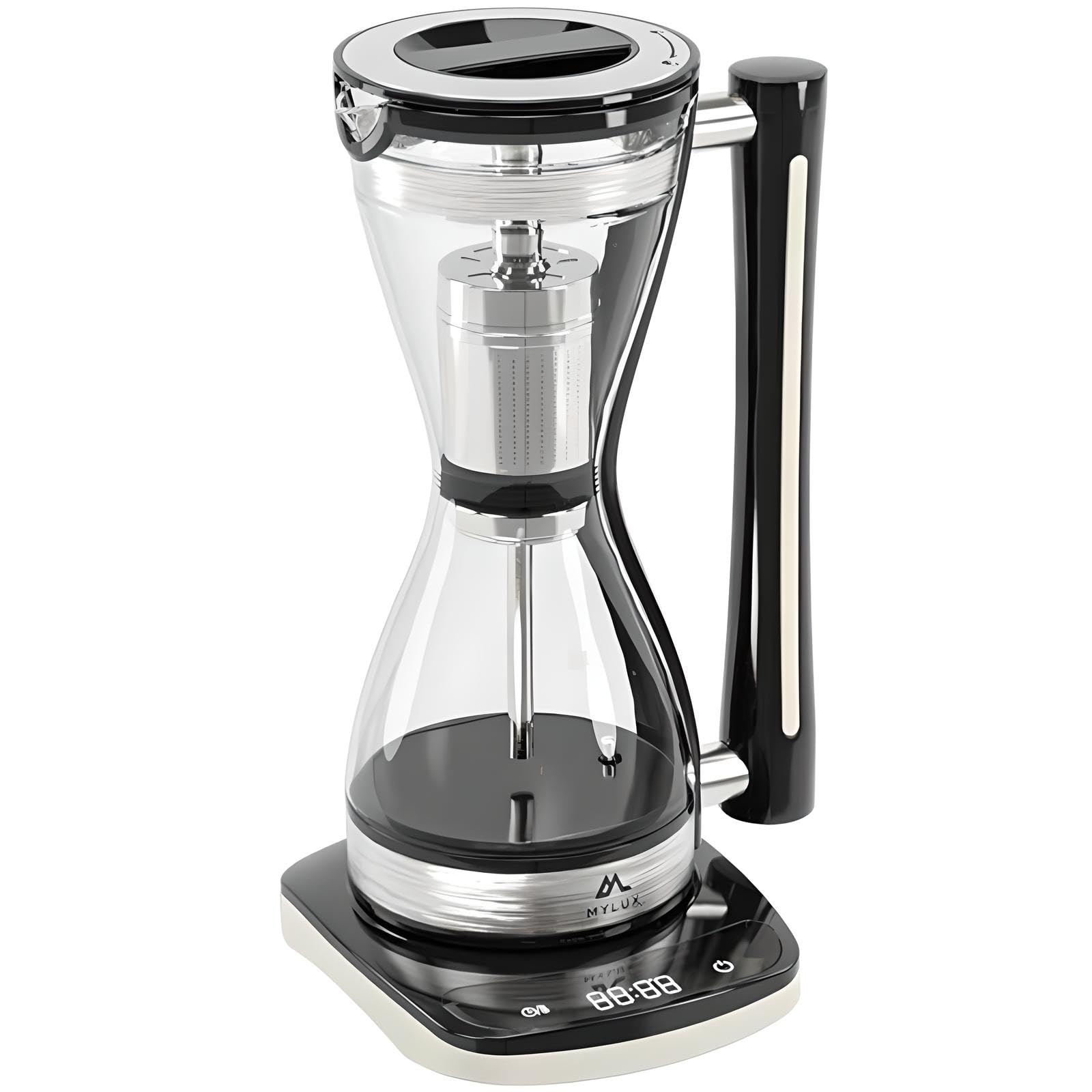 Electric Siphon Coffee Maker 8-ounce Single Serve Brewer 3-Strength Settings Stainless-Stee Permanent Filter Keep Warm & Auto-Off Includes Scoop & Brush 240ml