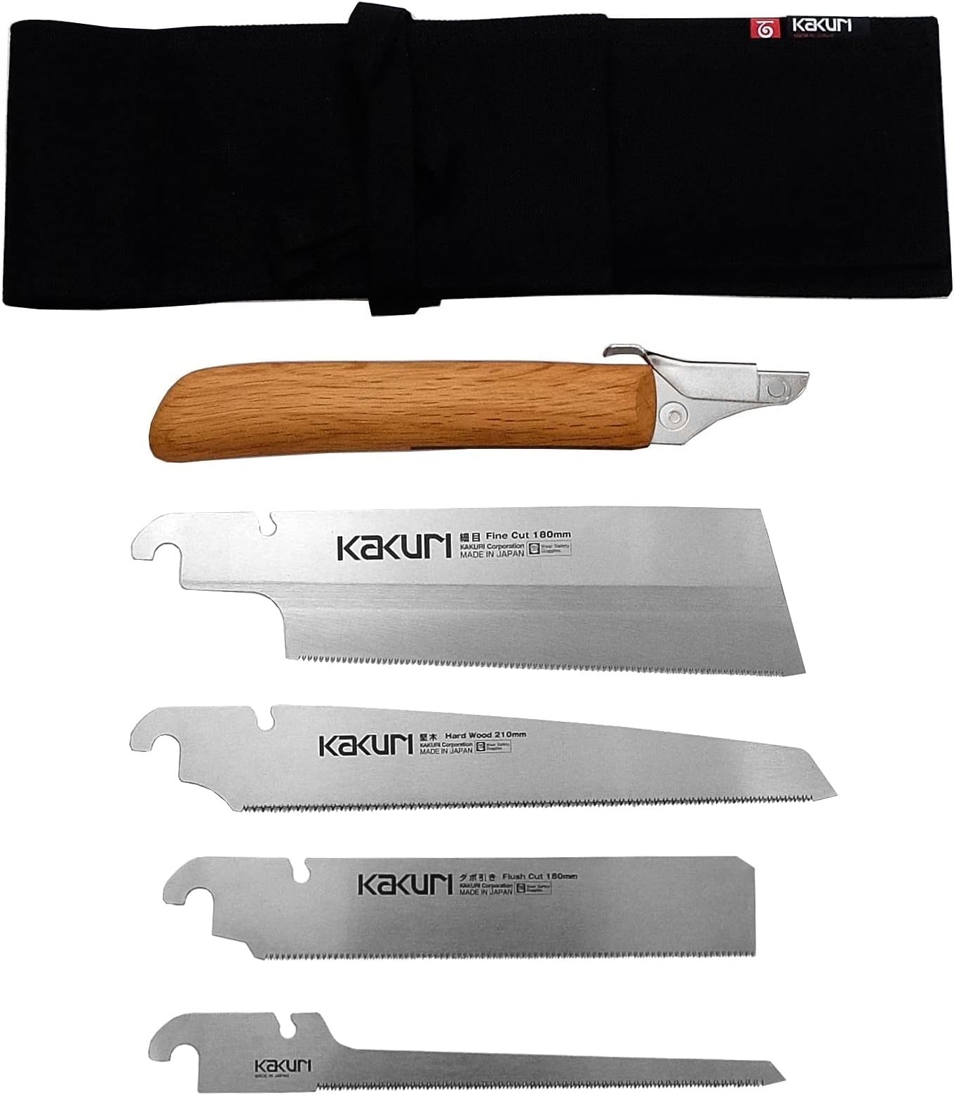 KAKURI Japanese Pull Saw Set for Precision Woodworking - Fine Cut 7", Flush Cut 7", Hardwood 8.2", Keyhole 6" - Red Oak Handles with Oil Finish, Canvas Carrying Case - Made in Japan