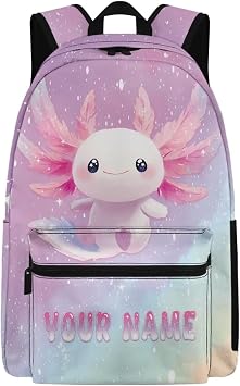 Personalized Axolotl School Backpack for Girls, 17 Inch Pink Backpacks for Kids 8-10 Years, Lightweight Cartoon Bookbag for Toddler Elementary Student