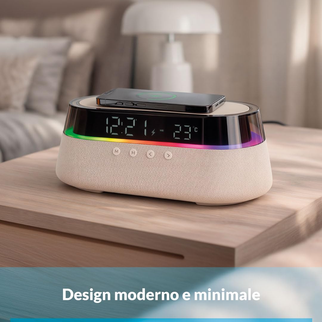 Cosmo Lampada da Comodino Multifunzione con Radio FM/AM, Speaker Bluetooth, Orologio Digitale e Ricarica Wireless Qi, Stazione Smart con Luce LED RGB e Sveglia (Beige)