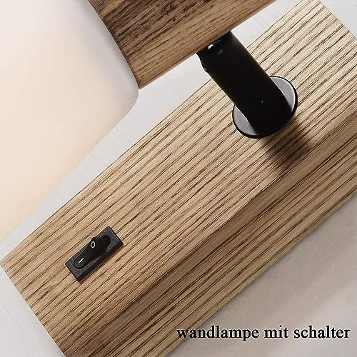Ouglres Vintage Wooden Wall Light with Switch, White Glass Lampshade, Rotatable, Industrial Design Bedside Lamp, Living Room - Image 2