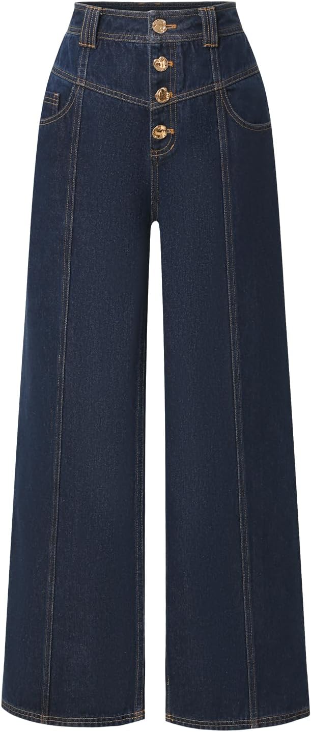 Womens Wide Straight Leg Jeans Button Down High Waisted Stretchy Denim Pants Bottom