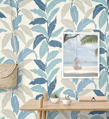 Image of Tommy Bahama - Leafy Peel and Stick Wallpaper, Botanical Wallpaper for Bedroom, Powder Room, Kitchen, Vinyl, 30.75 Sq Ft Coverage (Leafy Collection, Bliss Blue)