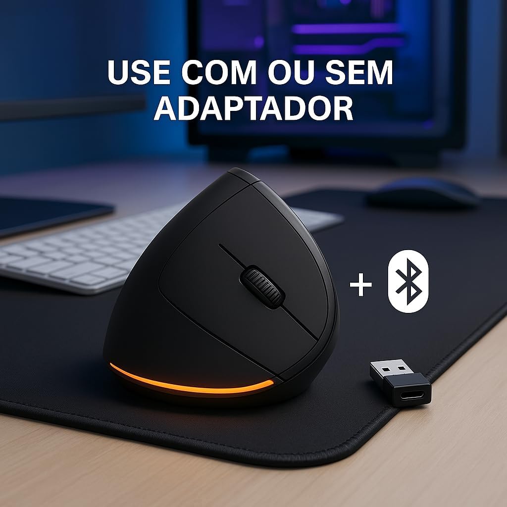 Mouse Ergonômico Sem Fio Vertical Recarregável Silencioso ErgoTech® RGB - Reduz Dor no Pulso e Fadiga – Compatível com Windows, Mac, Notebook, PC – Preto, Design Ortopédico DPI Ajustável