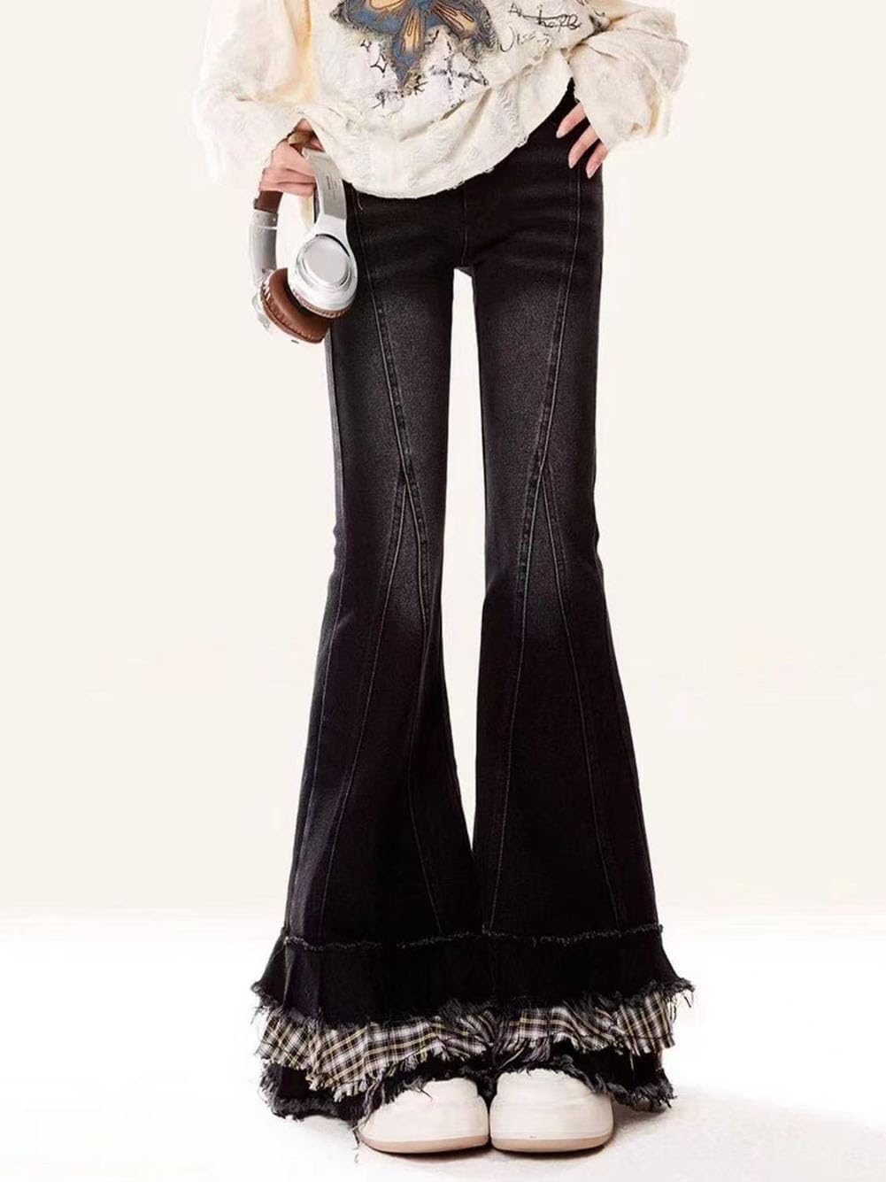 LAFOURAM Petite Jeans for Women 5 FT Short Y2K Plaid Patchwork Skinny Flare Denim Pants