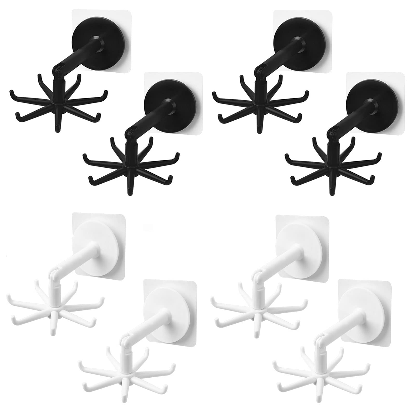 MONBEHJKA Rotating Folding Hook 360° Hole-Free Hook with 7 Claws 180° Vertical Folding Hook for Kitchen and Bathroom Shelves 8 Pieces Wall Mount Drill-Free Multipurpose Kitchen Hook White Black