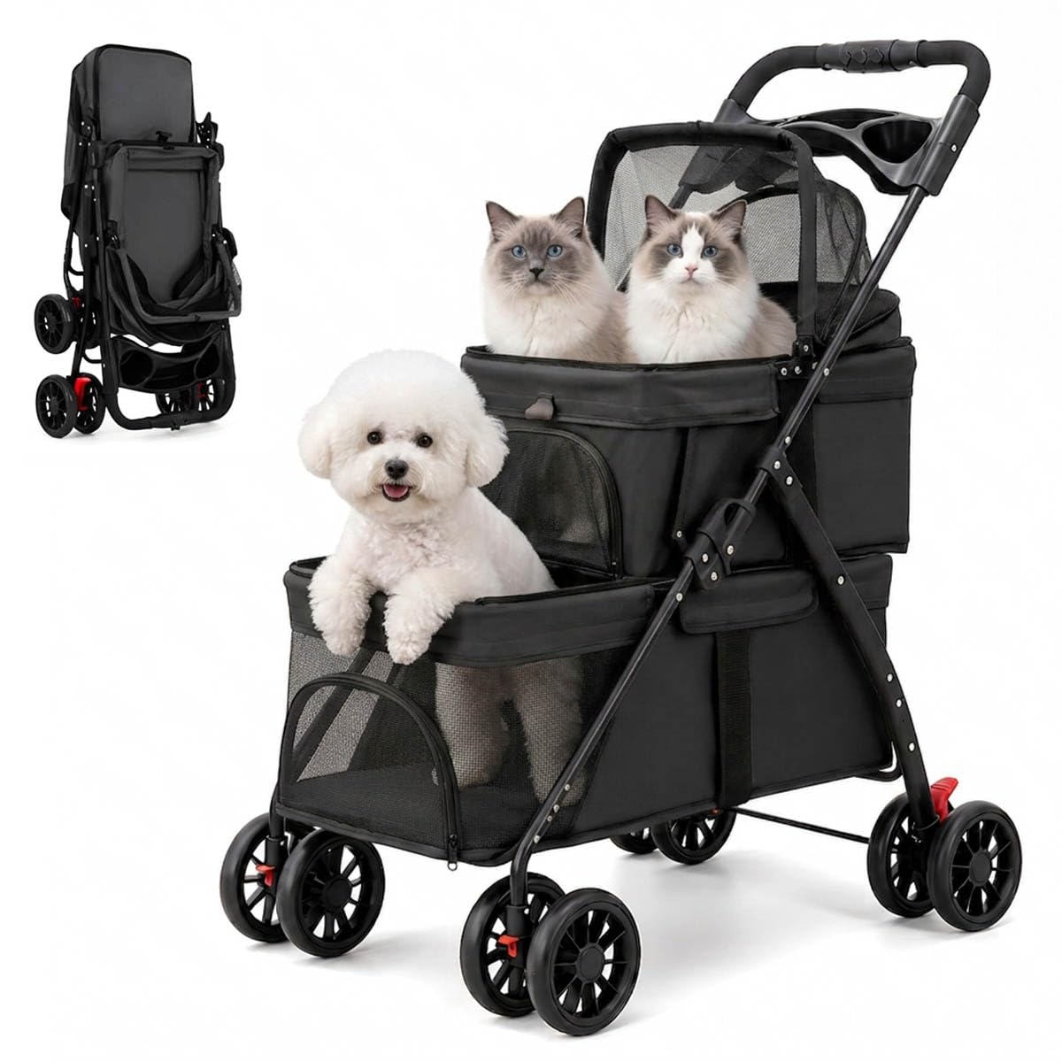 新品 ブラック　2段式 ペットカート 犬猫用 多頭 折りたたみ 軽量 Amazon.co.jp: MODONG ペットカート 2段式 犬 カート 小型犬 猫 多頭