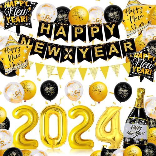 ATOMARS 2024 New Years Eve Party Supplies，Happy New Year Decorations，Nye Decorations，2024 Balloons Happy New Year Banner Party Decorations