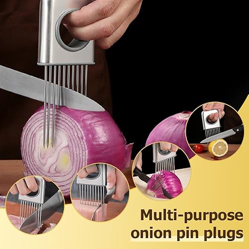 Miniatura 5 de Nuevo soporte para rebanar cebolla, soporte de cebolla de acero inoxidable para cortar verduras cortador de papa y tomate, herramienta asistente de