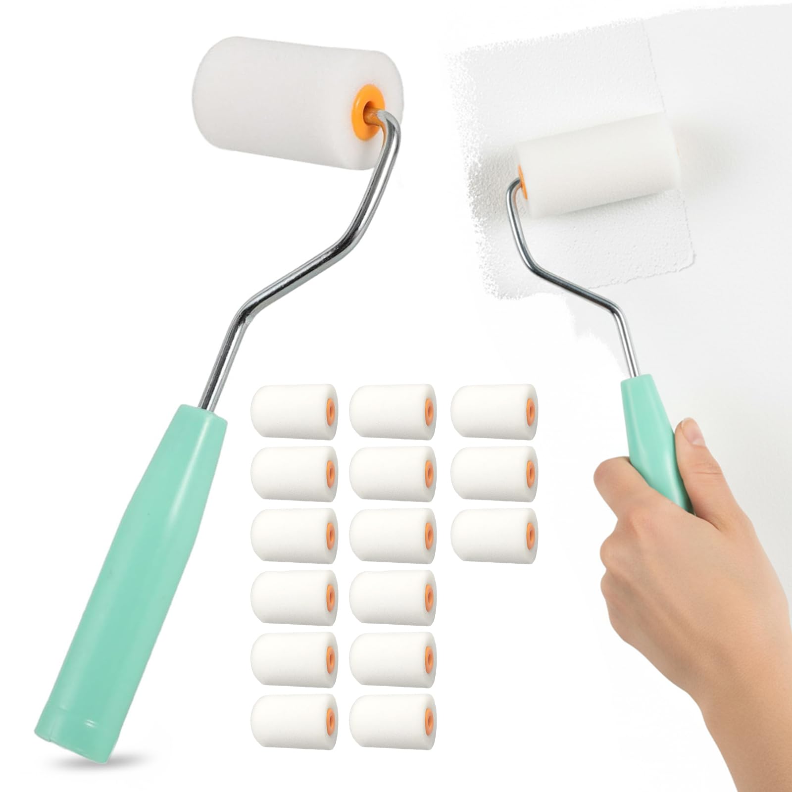 set da 16 pezzi Rulli Pittura Piccoli,Set Rullini per Vernici,Rulli in Schiuma per Pittura Pareti,Mini Rullo Pittura con Manico,Perfetto per Muri ristrutturazione,5 * 3.5cm
