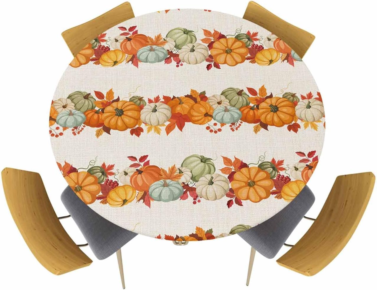 Chucoco Thanksgiving Day Round Fitted Table Cover for Dining Tables,Elastic Edged Tablecloth Autumn Maple Leaf Pumpkins Vines Waterproof Oil Proof Tables Cover Cloths for Dinner Party Retro Burlap