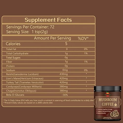 Miniatura 2 de Café de hongos - Mezcla de adaptógenos de 5 hongos - Seta de melena de león, reishi, cordyceps, chaga y cola de pavo - Café instantáneo de hongos