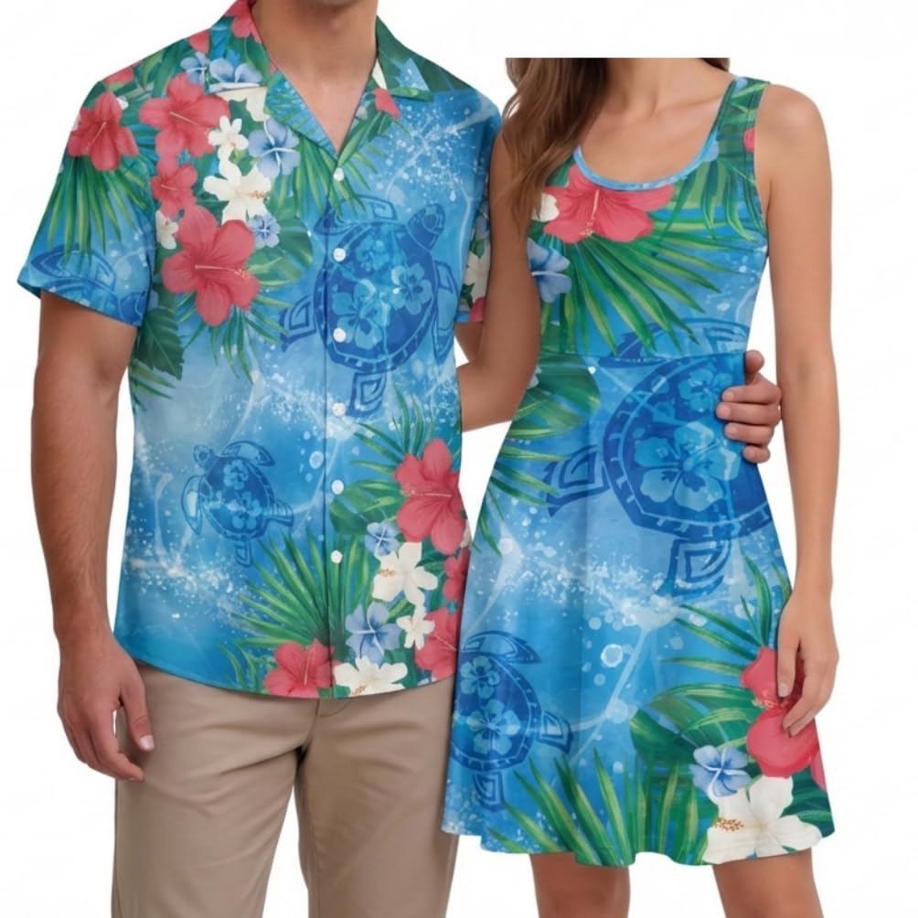Hawaii Matching Couple Outfits Husband and Wife Clothing Fashionable Mens Casual Shirts Hawaii Dress with Soft Fabric