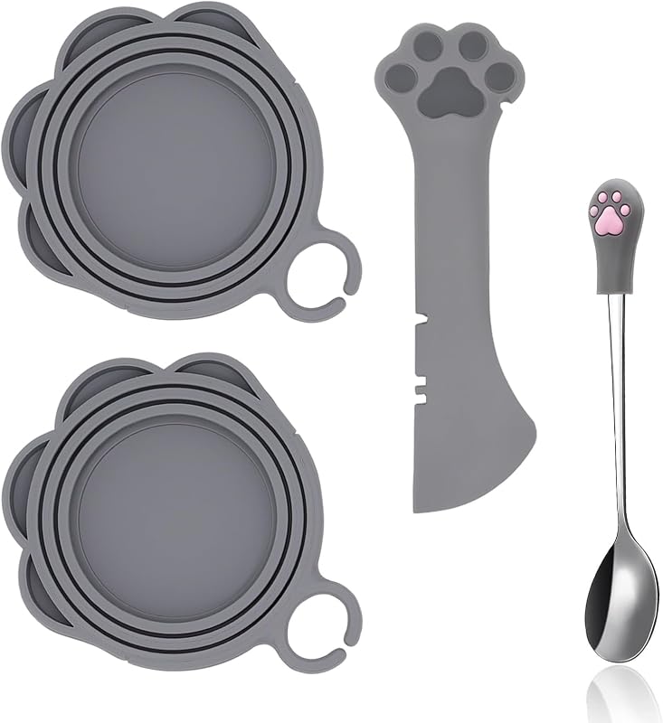 Kit para Latas de Ração Úmida para Gatos e Cães SJANE com Tampas, Abridor e Colher Inox, 4 Peças Cinza