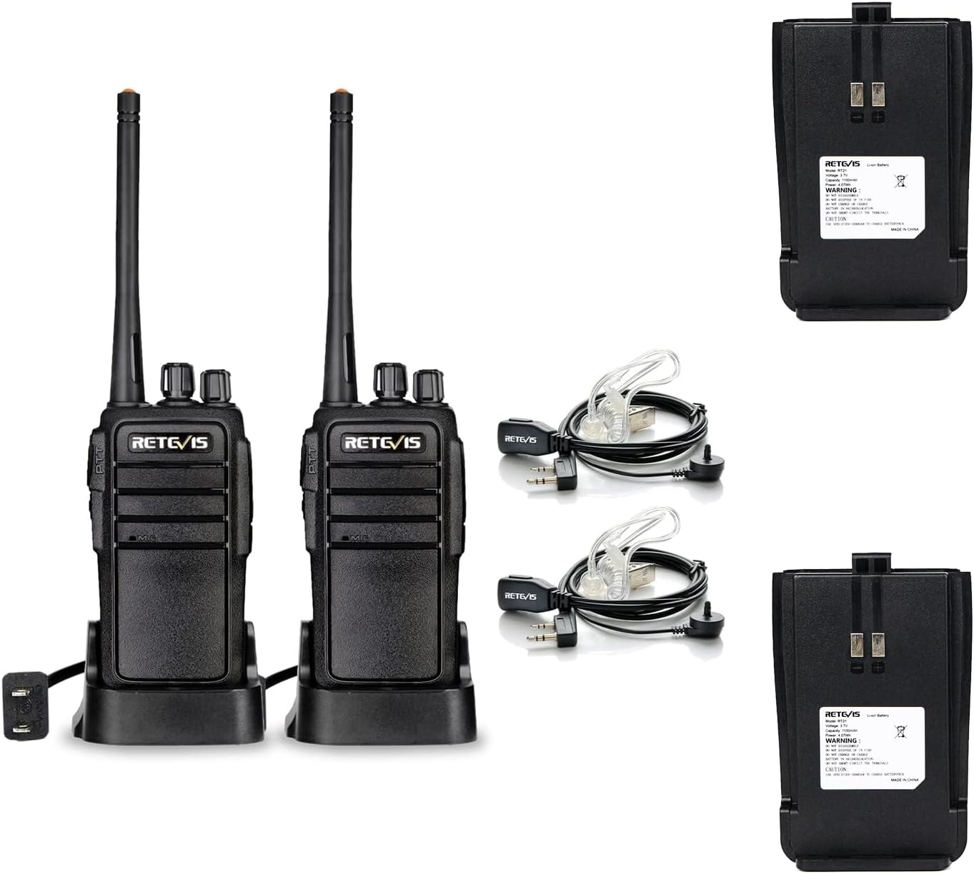 Retevis RT21 Walkie Talkies with Earpiece and Mic Set (2Pack) Bundle with Battery (2Pack),Adults Long Range 2 Way Radios, Portable FRS Two-Way Radios