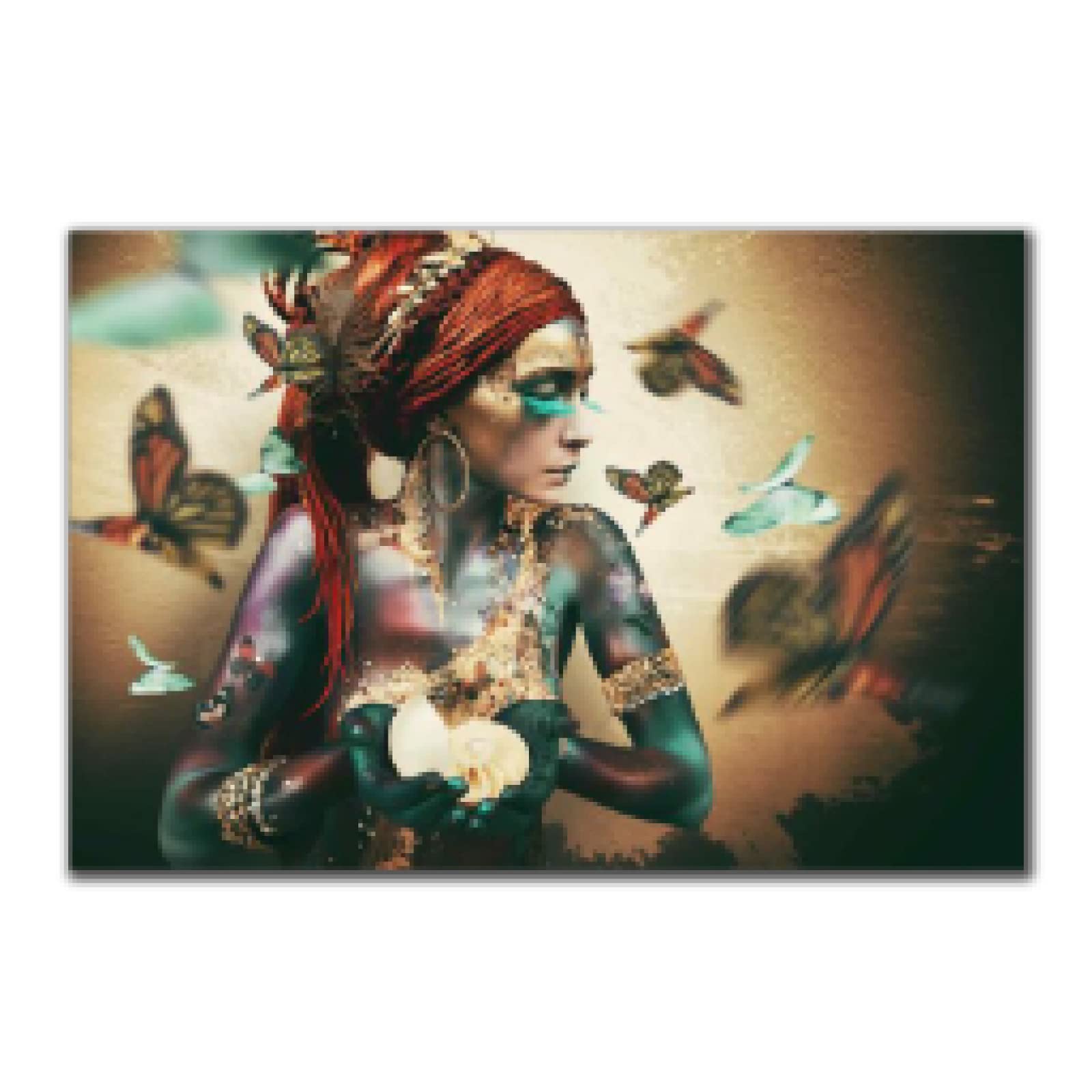 Yooyu Chica colorida Pintura en lienzo Mujer africana con cartel de mariposa e impresión de imágenes de arte de pared para la decoración de la pared de la sala de estar 70x100cm (28x39in) con marco