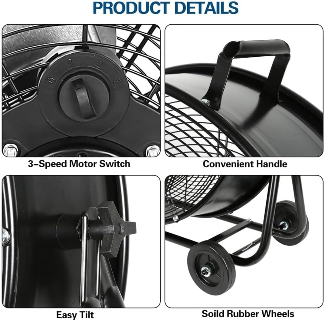 Industrial Drum Fan,24" Heavy Duty Metal Shop Fans with 3-Speed & Adjustable Tilt,High Velocity Floor Fan,Commercial Outdoor Standing Fans,for Warehouse, Workshop, Factory