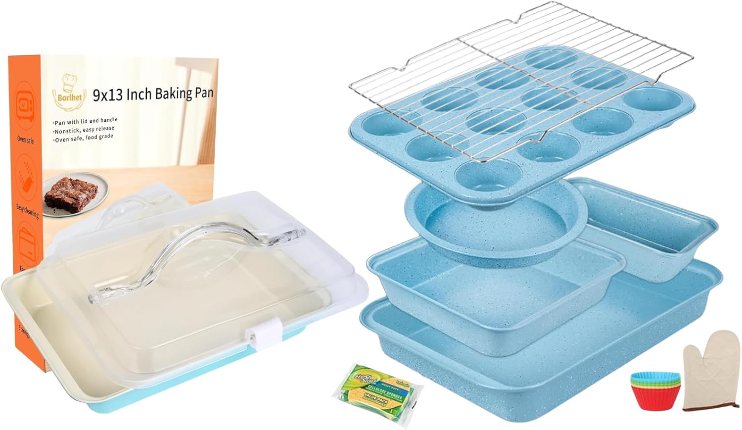 Baking Pans Set, 9x13 Baking Pan with Lid and Handle, Blue Bakeware Sets Nonstick, with Muffin Pan, Wire Rack, Cake Carrier for Travel, Picnic