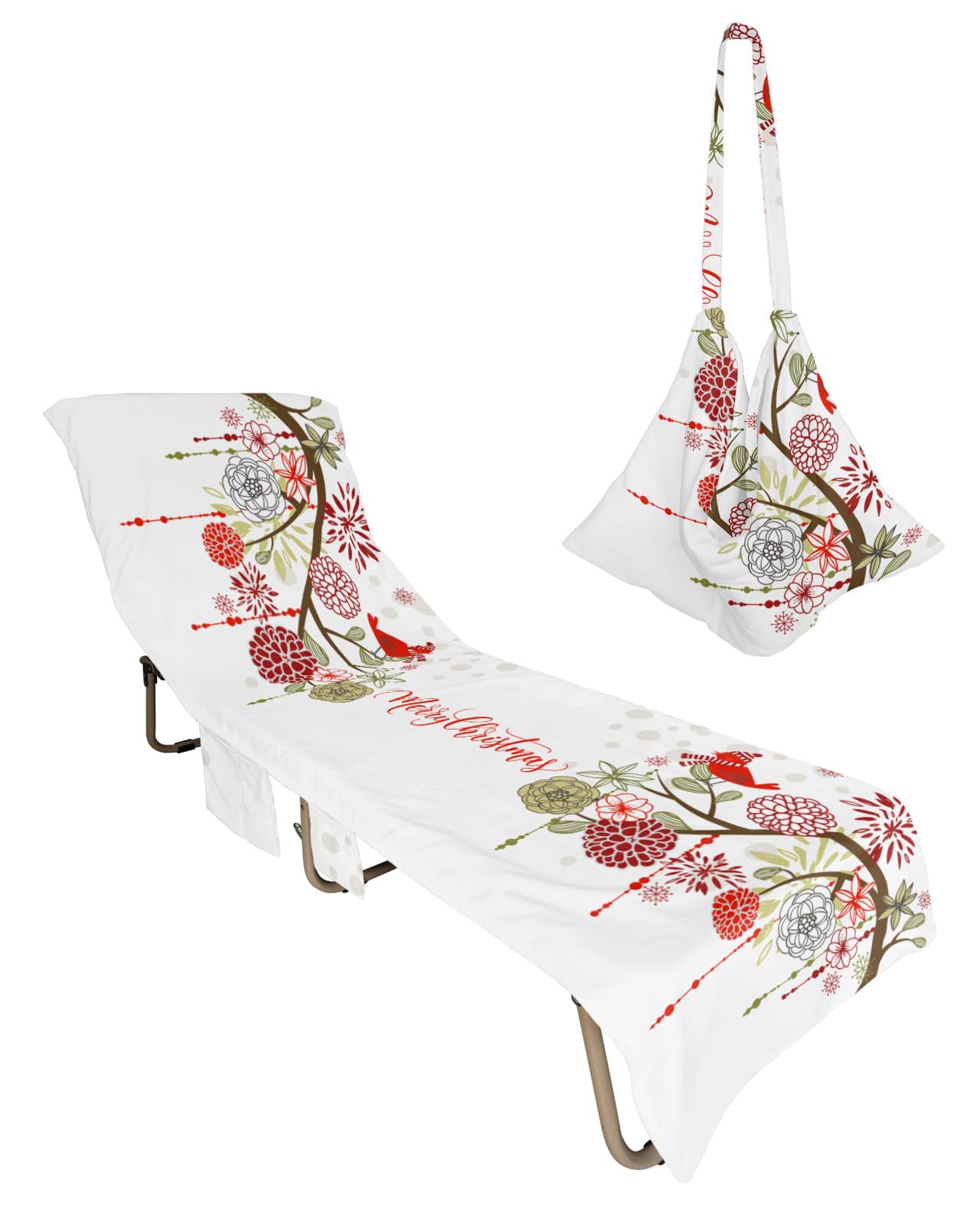 Merry Christmas Beach Lounge Chair Towel Cover, Soft Chaise Lounge Towel with Side Pockets Patio Pool Chairs Cover for Beach/Pool Sunbathing 29x85 Xmas Tree Botanical Floral Birds