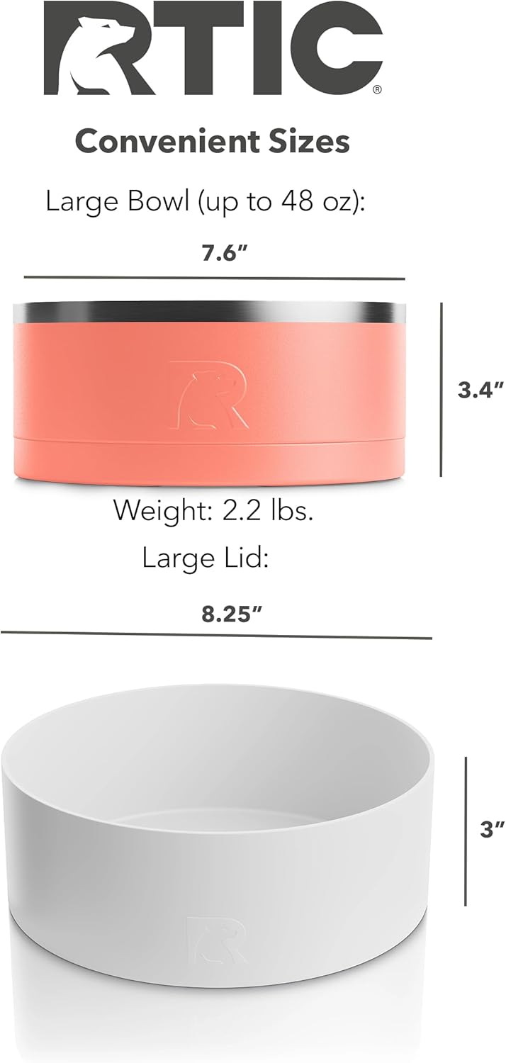 RTIC 3-in-1 Dog Bowl Food and Water Dish for Large Dogs and Small Dogs, Double-Walled Stainless Steel Metal, Portable, Non-Slip, Indoor and Outdoor, Large, Coral & Light Grey