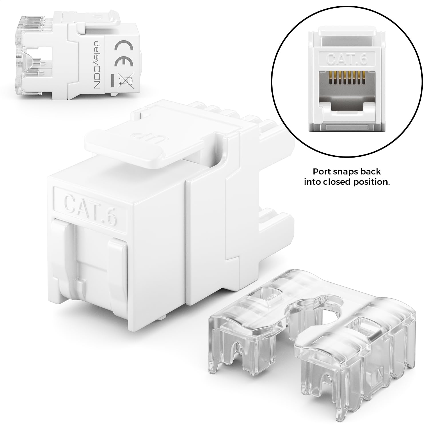 deleyCON Moduł Keystone Jack RJ45 CAT6 (Zestaw 48 Sztuk) do Kabli LAN - 1 Gbit/s - T568A/T568B, AWG 23-26 UTP - Tworzywo Sztuczne - do Patchpanelu, Gniazda Sieciowego - Biały