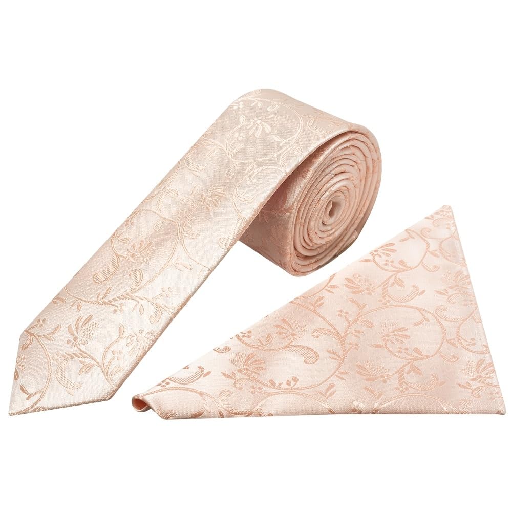 TIES R US Light Peach Floral Skinny Men's Tie and Handkerchief Set