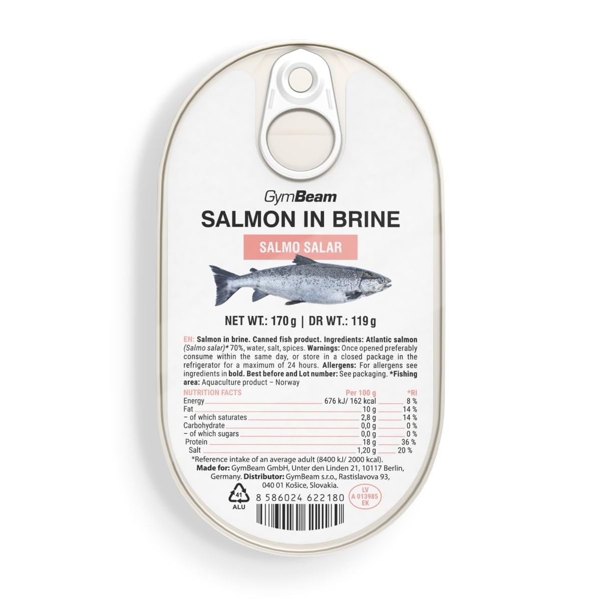 GymBeam Lachs in Salzlake - Verzehrfertiges atlantisches Lachsfilets  reich an Geschmack & Nährstoffen  aus Norwegen  glutenfrei  laktosefrei  GVO-frei (12 x 170 g)
