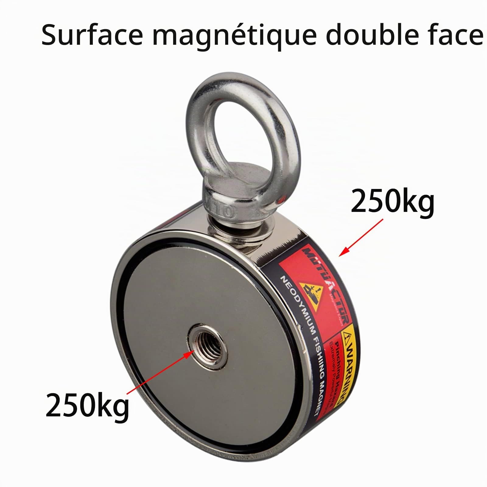 MUTUACTOR Ensembles d'aimants de pêche combinés à double face de 500kg, aimant en néodyme robuste N52 avec une corde durable de 20m, puissant magnétique de récupération de trésors dans les rivières