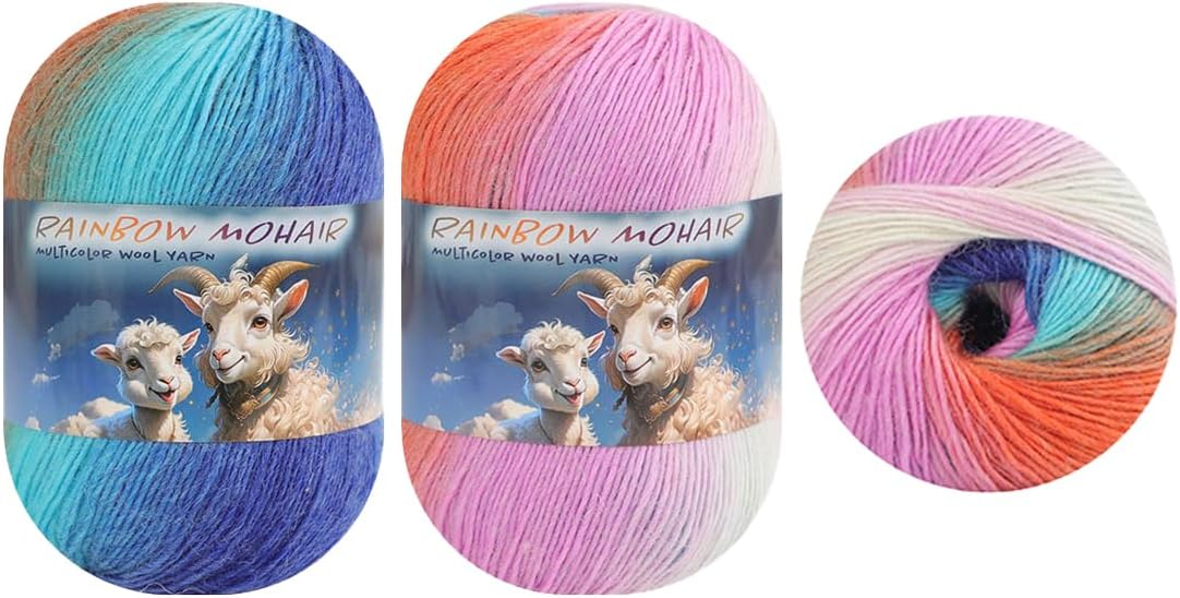 3pk Rainbow Mohair Multicolor Wool Yarn 90% Wool 10% Acrylic by Sunny Cat for Knitting and Crochet (211 Soft Seaside)