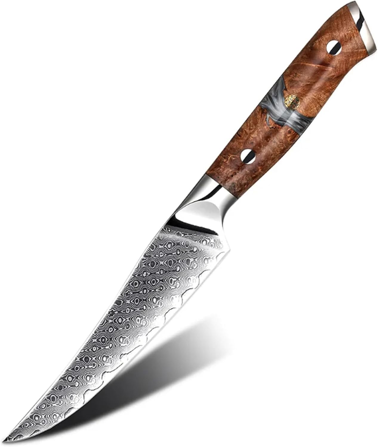 Steak Knives Set of 6 Damascus Steel 5 Inch Plain Blades Damascus Steak Knife Set Forged German Steel Full Tang Handle Straight Edge Dinner Knives, Razor-Sharp Effortless Cutting
