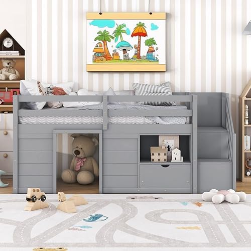 Okak Twin Size Low Loft Bed with Playhouse Loft Bed Frame with Drawer, Shelf,Stairs and Safety Guardrail for Teens, Girls or Boys Loft, Strong Wood Slats Support,Gray