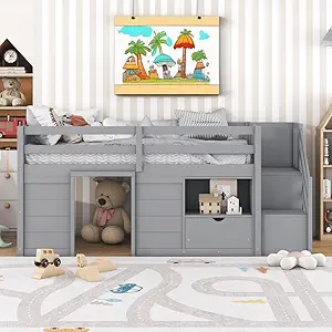 Okak Twin Size Low Loft Bed with Playhouse Loft Bed Frame with Drawer, Shelf,Stairs and Safety Guardrail for Teens, Girls or Boys Loft, Strong Wood Slats Support,Gray