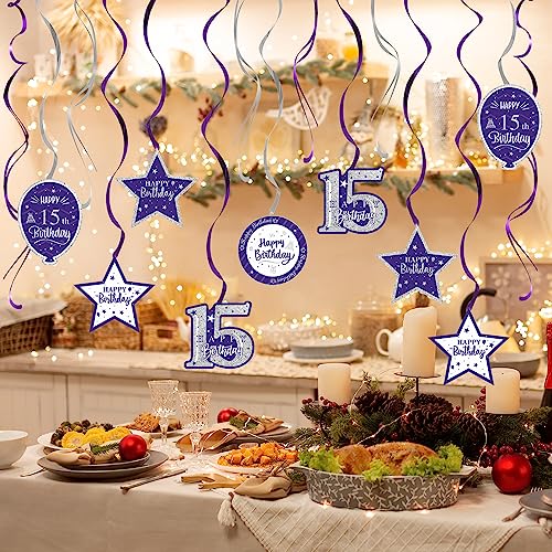 Nelbiirth Feliz aniversário de 15 anos roxo e prata glitter redemoinhos streamers decorações de fest