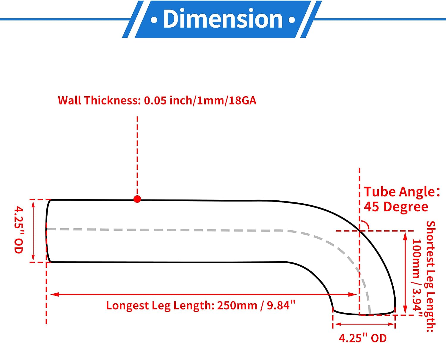 4.25" OD 45 Degrees Mandrel Bend Elbow T304 Stainless Steel Exhaust Tube Pipe Piping Surface Polishing Silver Tone