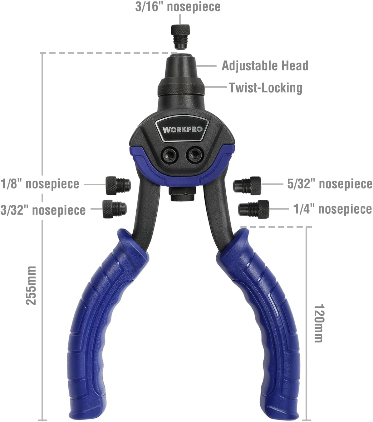 WORKPRO 5-in-1 Rivet Gun with dimensions and nosepiece sizes